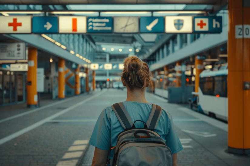 ine Pflegekraft mit einem Rucksack steht in einem modernen Bahnhof in Deutschland. Im Hintergrund sind Wegweiser und ein Zug zu sehen.