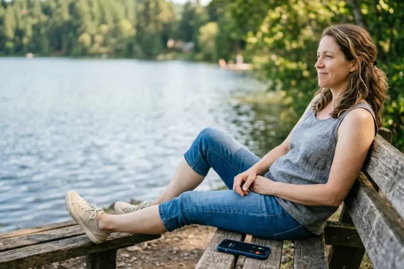 Pflegekraft entspannt im Urlaub am See und ignoriert einen Anruf vom Arbeitgeber