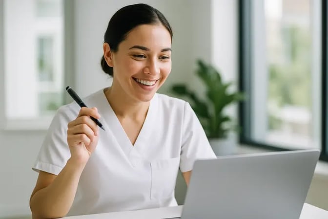 Lächelnde Pflegekraft in weißer Kleidung bei einer Online-Schulung am Laptop