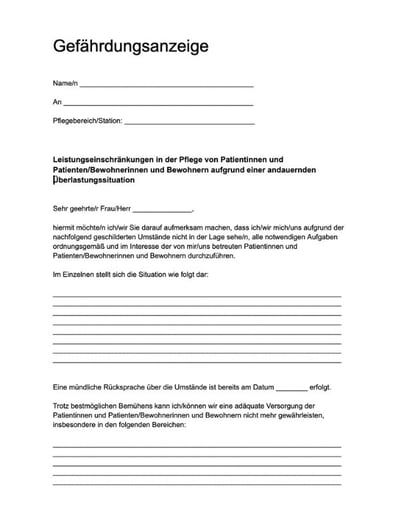 Muster Überlastungsanzeige in der Pflege